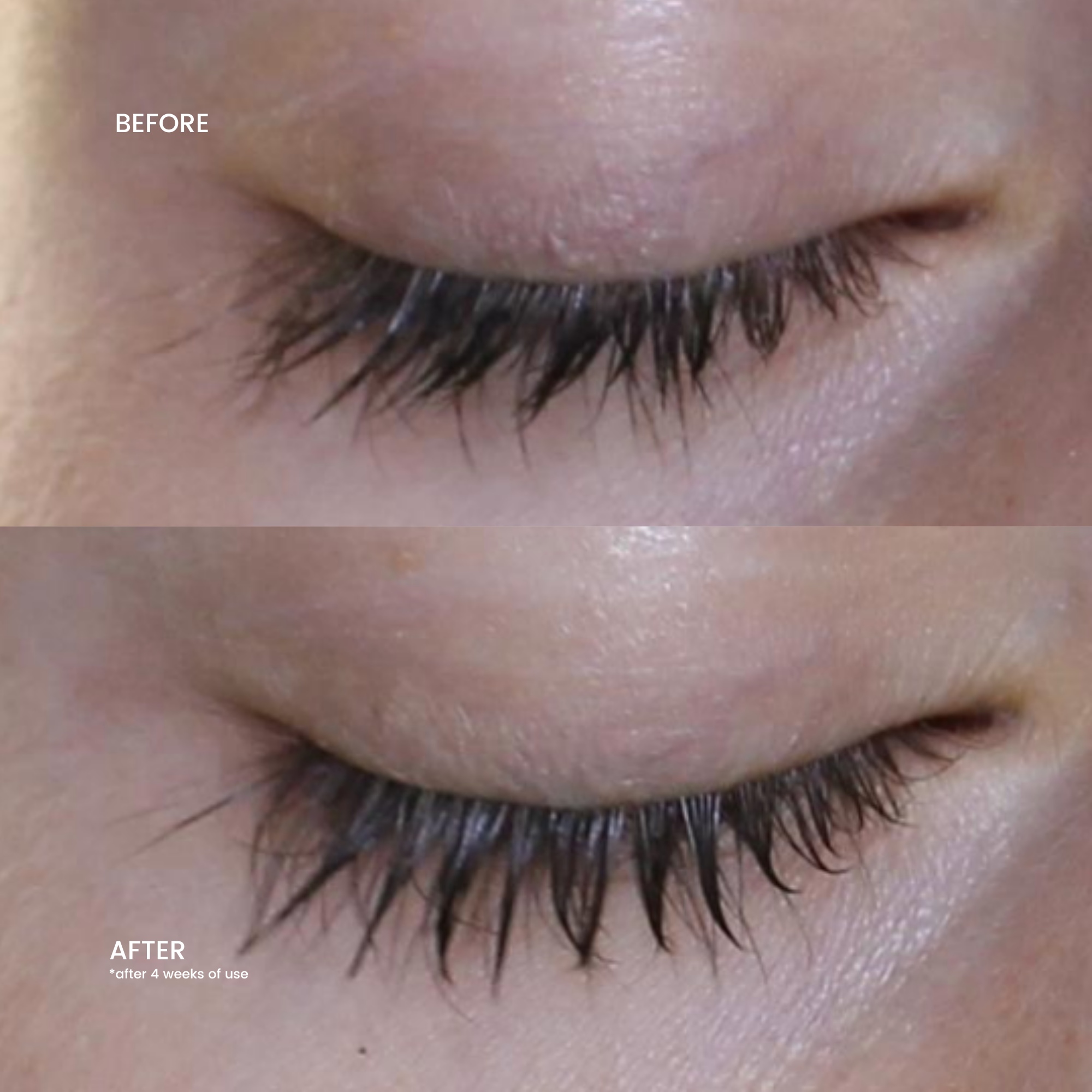 Close up eyelash growth before and after using WOWBROW lash serum for 4 weeks showing dramatic improvement