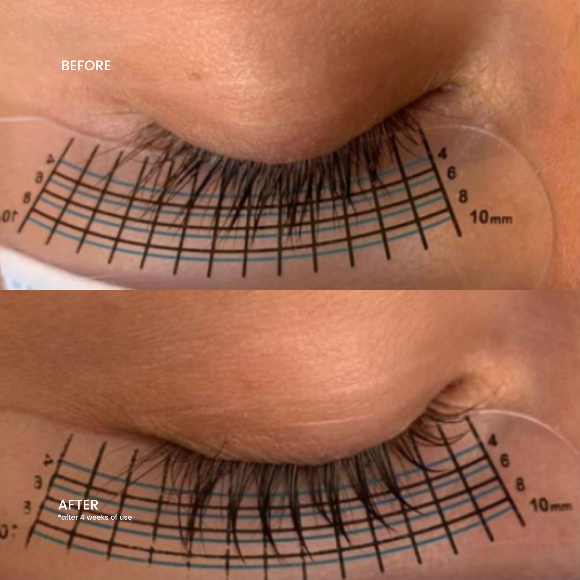WOWBROW lash serum measured results before and after 4 weeks with ruler showing eyelash length increase in millimeters